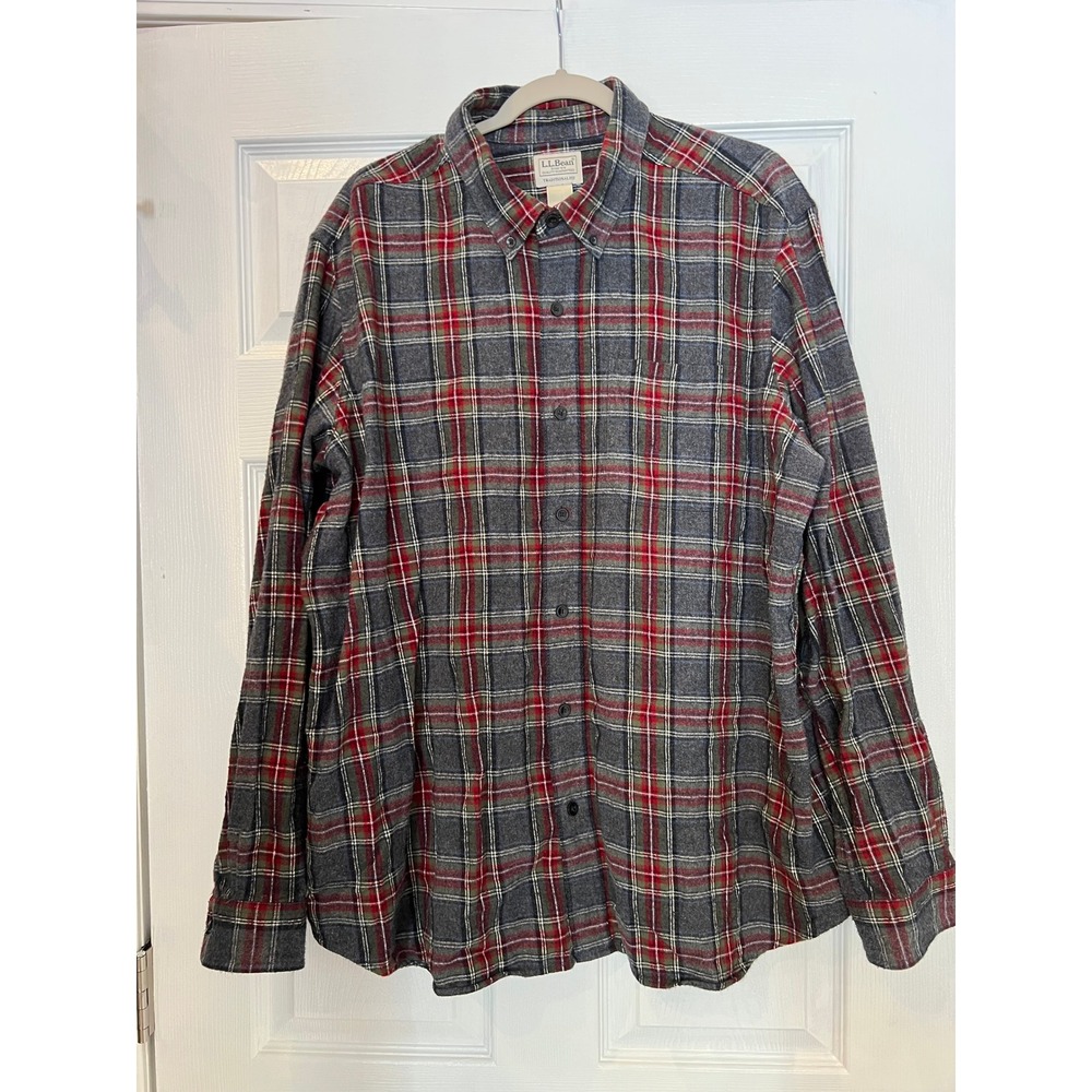 LL Bean Flannel Shirt 100% Cotton Grey Red Plaid Gorpcore Rugged Cabincore